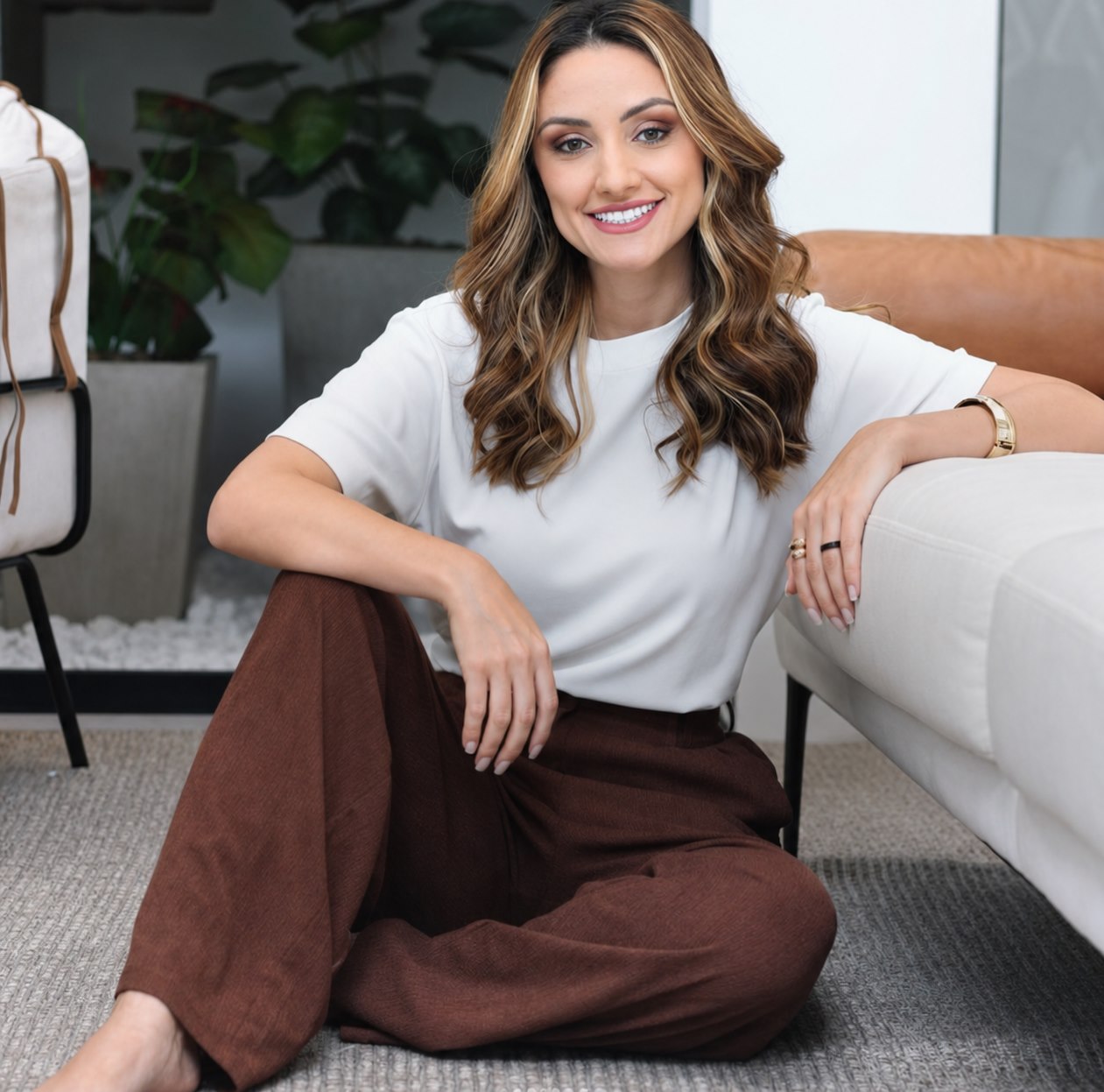 Caroline Souza, psicóloga clínica, sorrindo em um ambiente acolhedor